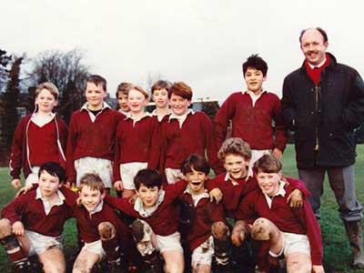 Mr Birch with a victorious rugby team, having beaten Stonyhurst 5-0, January 1994